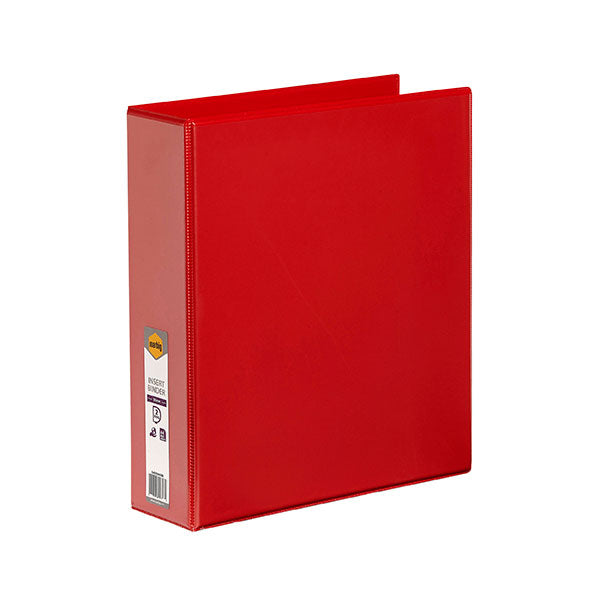 Red A4 binder with 50mm rings, clear overlay for customization, and a handy pocket for documents.