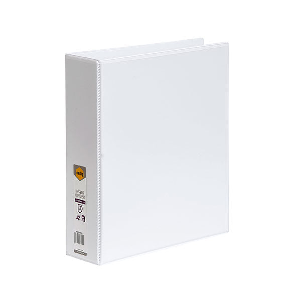 Marbig A4 50mm binder in white with customizable clear overlay, eco-friendly materials, and inside pocket for organization.