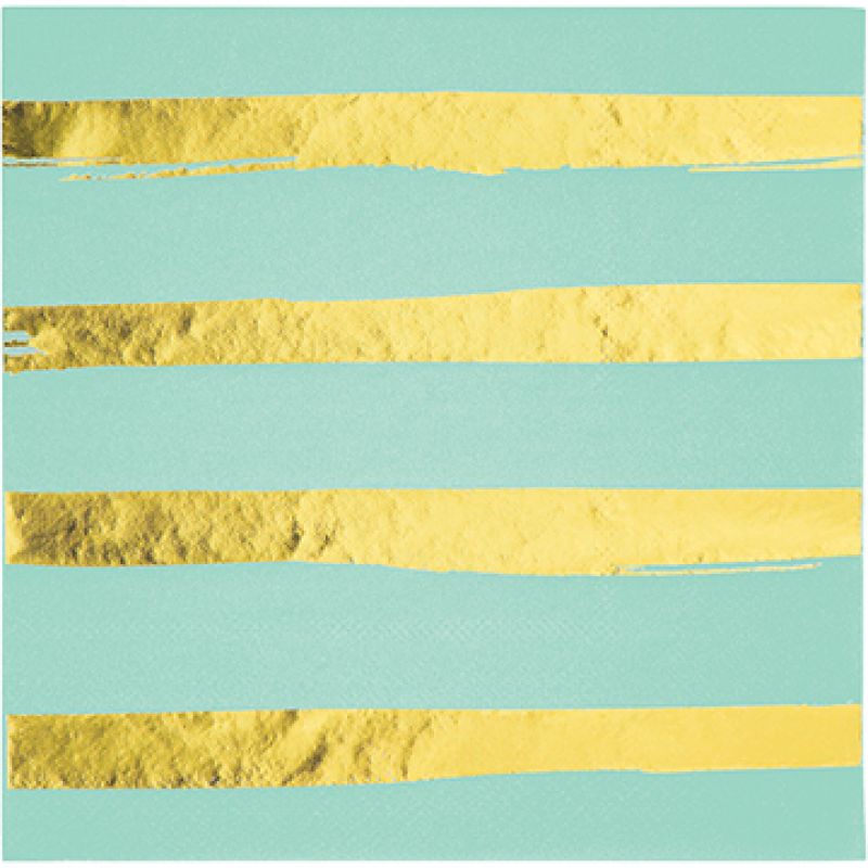 Pack of 16 Fresh Mint lunch napkins with elegant gold foil stripes, perfect for stylish dining and entertaining.