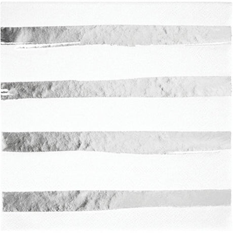 Elegant white and silver foil striped lunch napkins, pack of 16, perfect for any gathering or event.