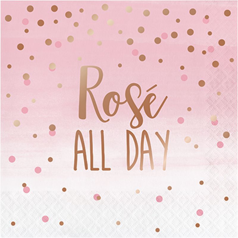 Elegant Rose All Day lunch napkins with rose gold foil, perfect for stylish events and gatherings, pack of 16.