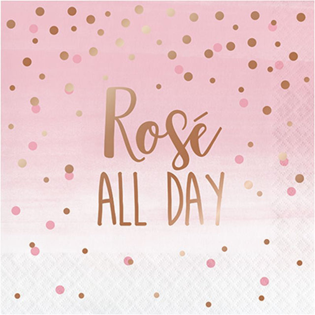 Elegant Rose All Day lunch napkins with rose gold foil, perfect for stylish events and gatherings, pack of 16.