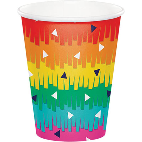Vibrant paper cups (266ml) for parties; pack of 8, eco-friendly, stylish, and perfect for drinks at celebrations.