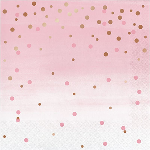 Elegant rose gold foil dot napkins in a pack of 16 for stylish dining and easy cleanup at any event.