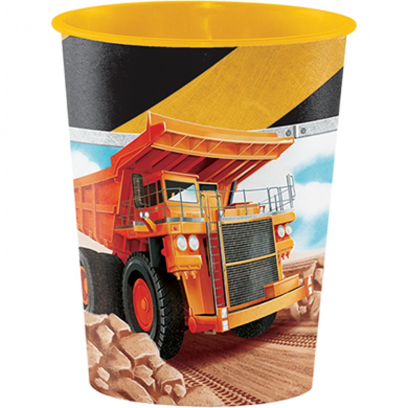 Colorful Big Dig Construction cup featuring bulldozers and cranes, perfect for kids' parties and keepsake favors.