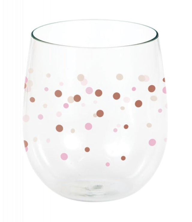 Elegant stemless wine glass with rose gold dot patterns, perfect for enjoying rosé in style.