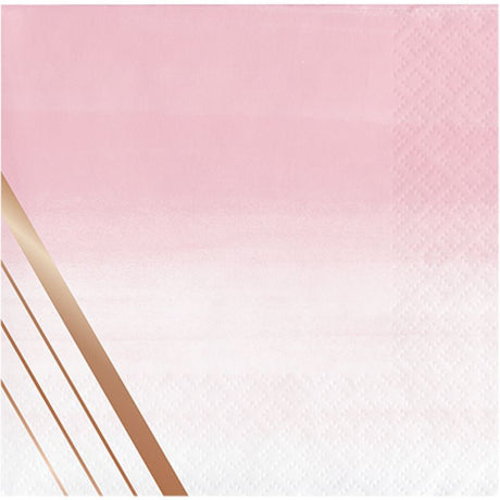 Chic rose gold foil napkins with elegant stripes, perfect for elevating any celebration's drink station. Pack of 16.