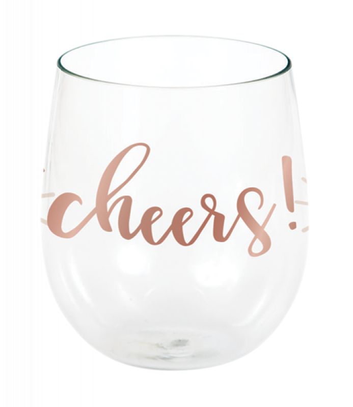 Stemless wine glass in rose gold with 'Cheers' design, perfect for enjoying rosé wine