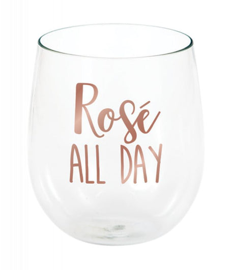 Durable, stylish plastic stemless wine glass with 'Rose All Day' design, perfect for indoor/outdoor sipping and gatherings.