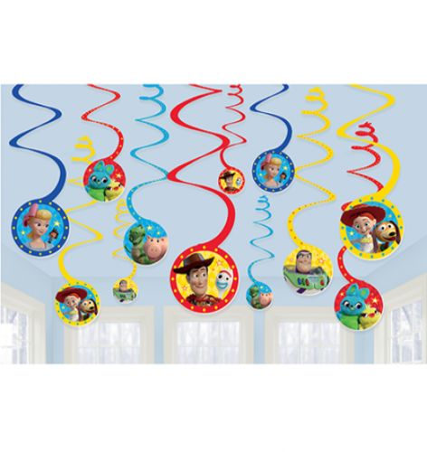 Colorful Toy Story 4 spiral decorations featuring Woody, Buzz, and Forky, ideal for parties and playful decor.