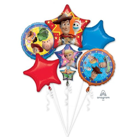 Colorful Toy Story 4 bouquet featuring 1 shape and 4 standard balloons, perfect for themed celebrations.