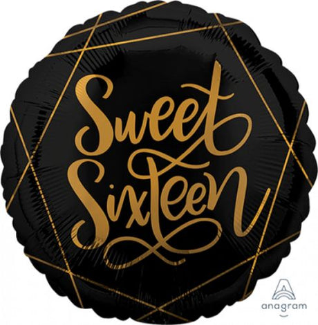 Elegant 45cm black and gold foil balloon for a Sweet Sixteen celebration, perfect for decor and photo ops.