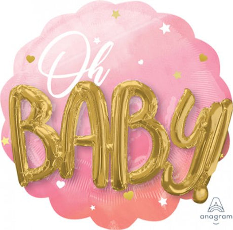 Vibrant 71cm pink foil balloon for baby girl celebrations, featuring cute 'Oh Baby' design, perfect for parties and events.