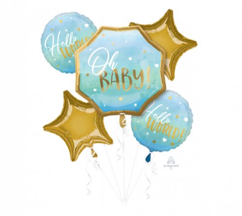 Bouquet of blue baby boy balloons featuring self-sealing foil, perfect for baby showers and gender reveals.