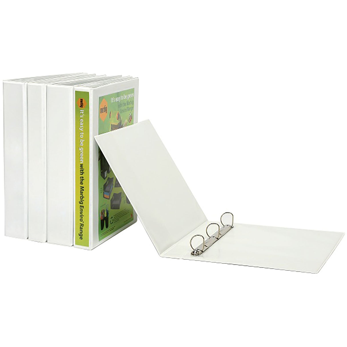 Marbig Clearview A4 ring binder in white, featuring 65mm spine, 4-ring mechanism, and customizable non-glare overlay.