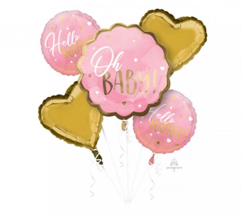 Bouquet of pink foil balloons for baby girls, featuring one shape and four standard balloons, self-sealing, in a pack of 5.