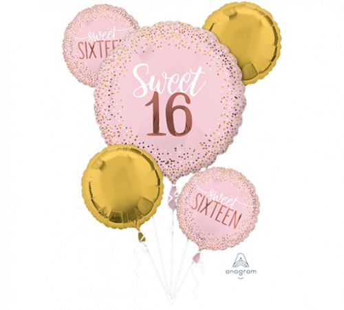 Sweet Sixteen Blush Birthday Bouquet featuring self-sealing foil balloons, includes 1 shape and 4 standard balloons.