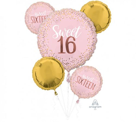 Sweet Sixteen Blush Birthday Bouquet featuring self-sealing foil balloons, includes 1 shape and 4 standard balloons.