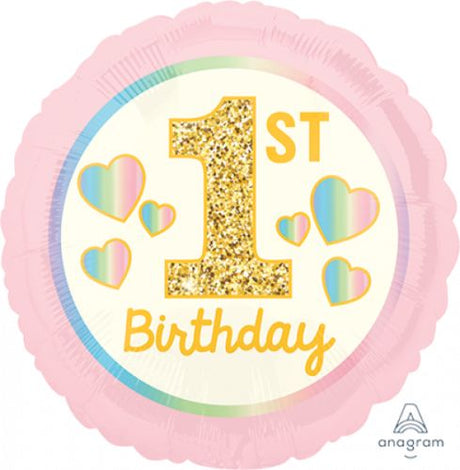 Pink and gold 1st birthday balloon, 45cm, perfect for girl's celebration and party decor.