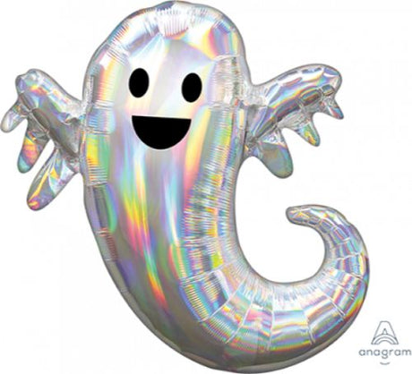 Iridescent holographic ghost balloon, perfect for Halloween, measuring 63cm x 71cm with a striking reflective finish.
