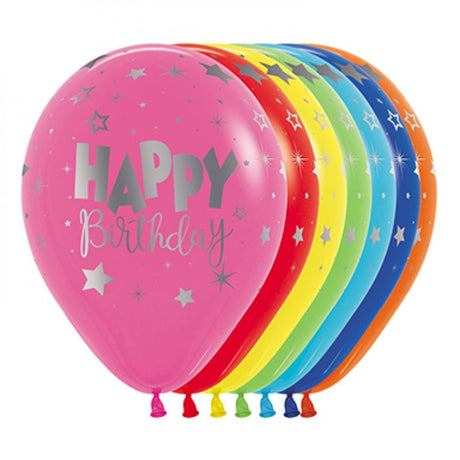 Vibrant 30cm assorted Metalink Happy Birthday balloons in metallic ink, perfect for festive celebrations and themed parties.