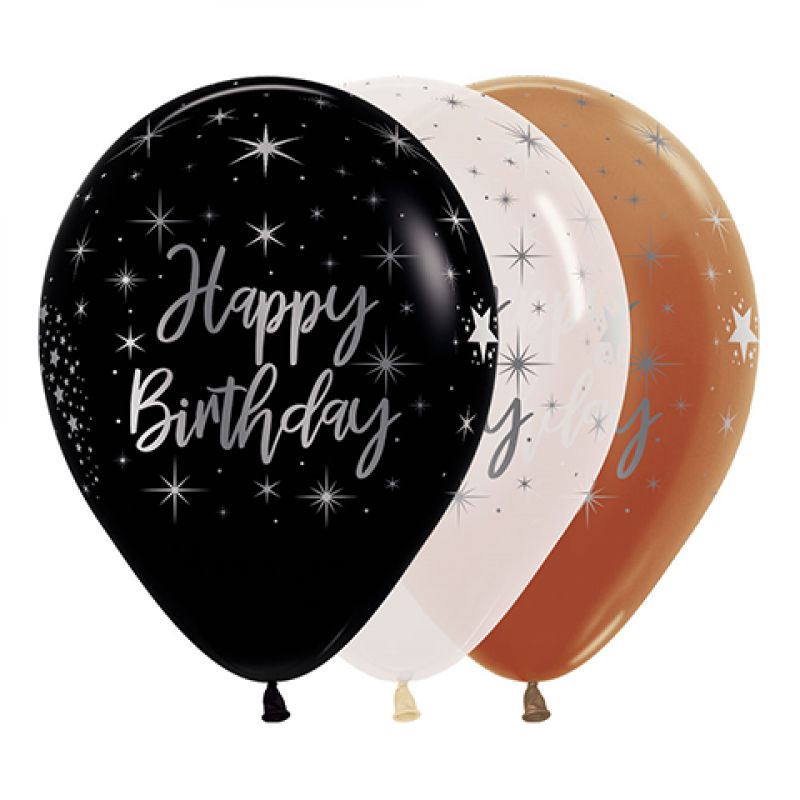 Vibrant assorted 30cm balloons with metallic ink, perfect for birthday celebrations, pack of 12.