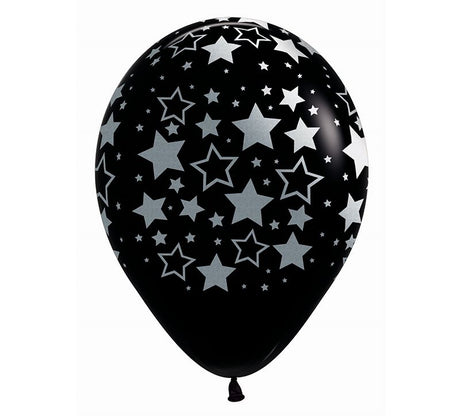 Pack of 12 black balloons with bold metallic stars, perfect for elegant celebrations and decorations.