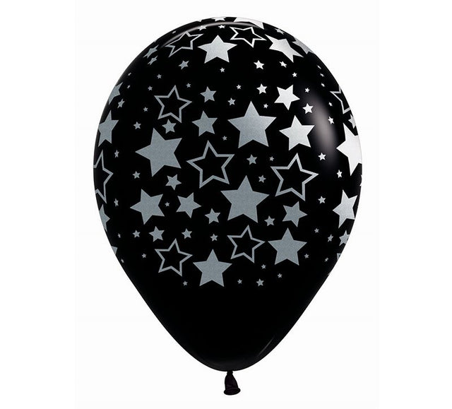 Pack of 12 black balloons with bold metallic stars, perfect for elegant celebrations and decorations.