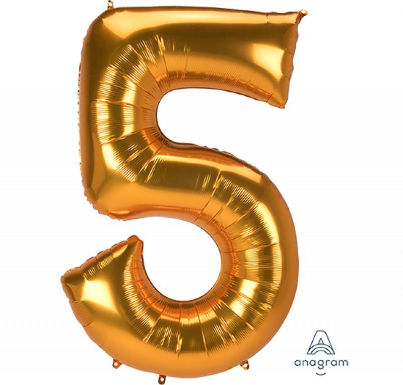 Supershape jumbo gold number 5 foil balloon, 86cm x 132cm, perfect for birthdays and celebrations.