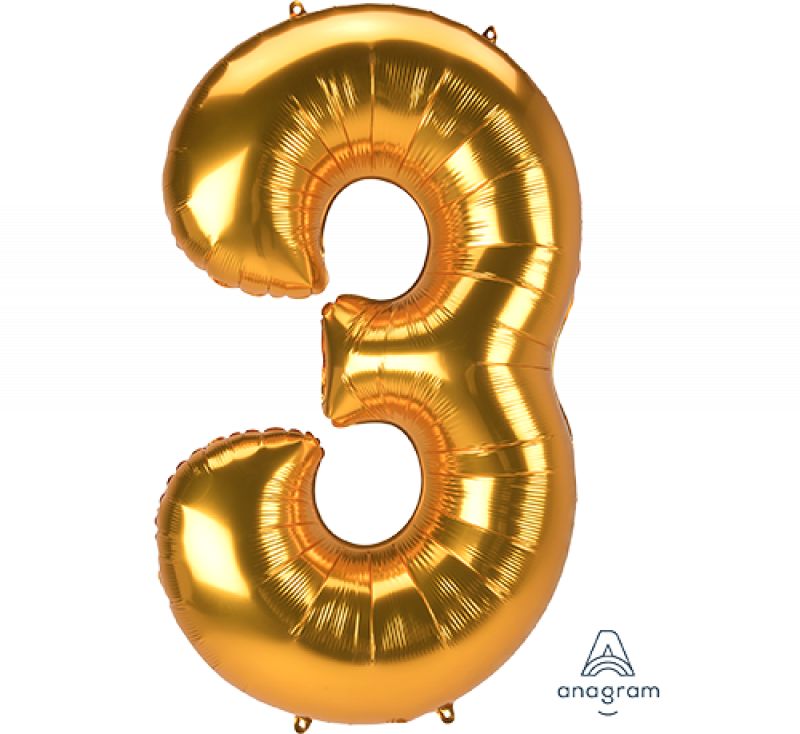 Gold Supershape Jumbo Number 3 Foil Balloon, 81cm x 134cm, perfect for celebrations and eye-catching décor.