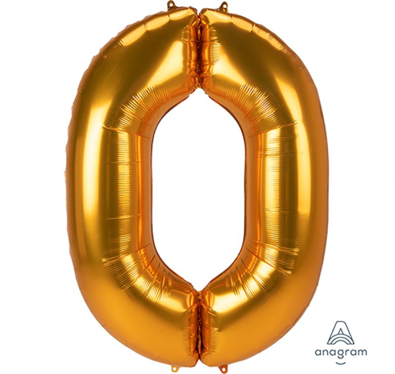 Gold Jumbo Number 0 Foil Balloon, 93cm x 134cm, perfect for celebrations and eye-catching decor.