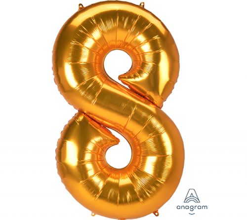 Jumbo gold number 8 foil balloon, 78cm x 134cm, perfect for parties and celebrations, durable and eye-catching.