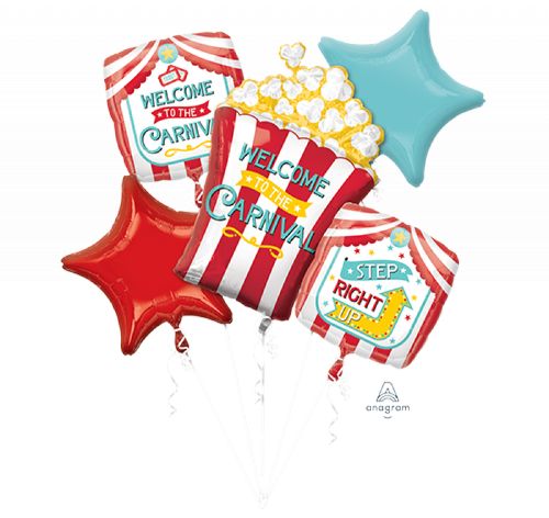 Vibrant foil balloon bouquet featuring 1 shape balloon and 4 standard balloons, perfect for carnival-themed celebrations.