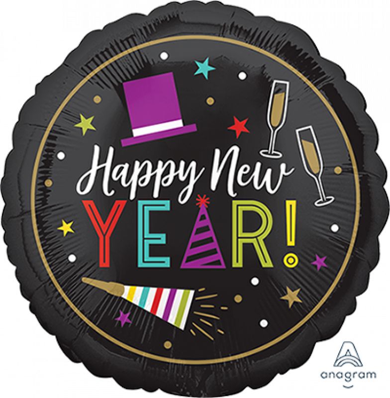Vibrant 45cm Happy New Year foil balloon, perfect for New Year's Eve parties and celebrations.