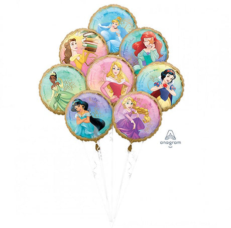 Pack of 8 self-sealing foil balloons featuring Disney Princesses, each 45cm, perfect for celebrations.