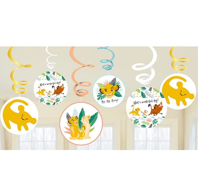 Colorful Lion King hanging swirl decorations featuring character cutouts, perfect for themed parties and celebrations.