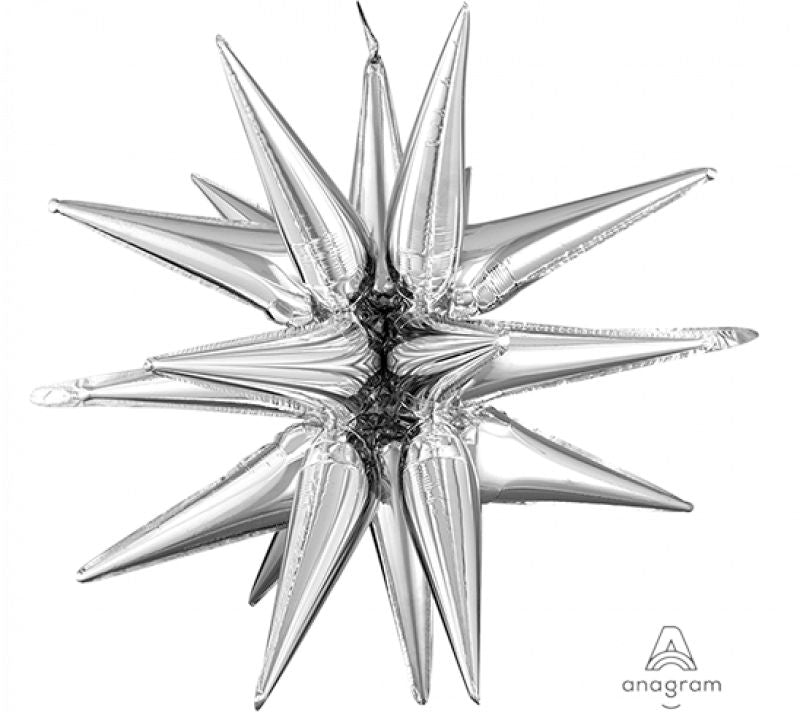 Large silver star foil balloon, 76cm x 88cm, self-sealing for easy inflation, perfect for celebrations and parties.