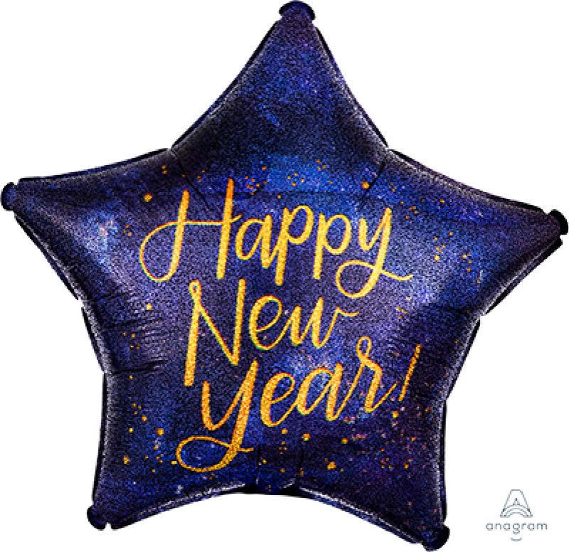 45cm holographic star foil balloon for New Year celebrations, self-sealing with eye-catching midnight design.