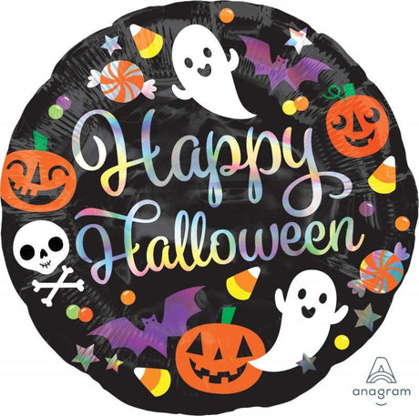 45cm Happy Halloween iridescent foil balloon, self-sealing, perfect for festive decorations and spooky celebrations.