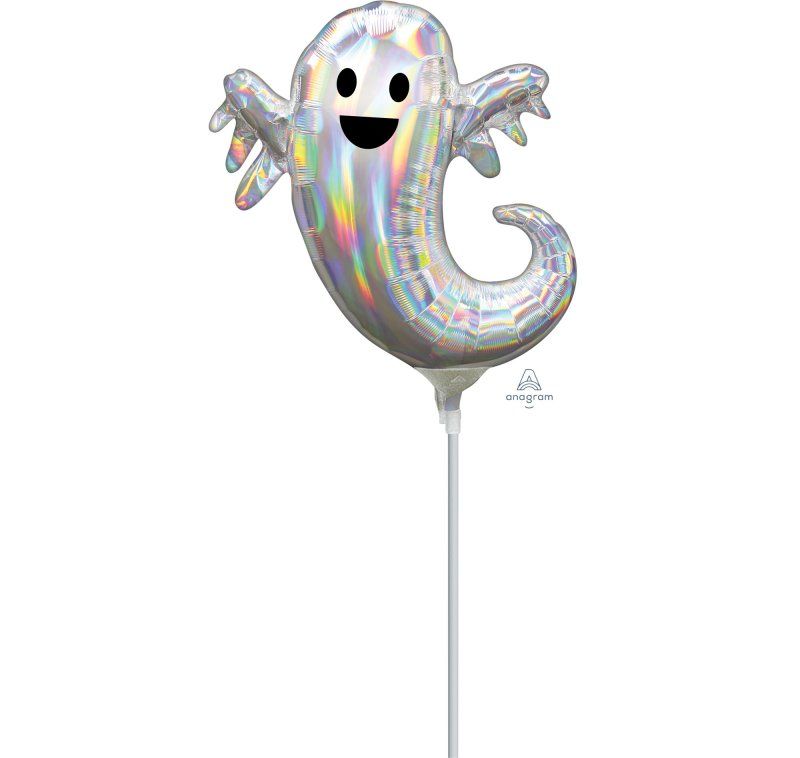 Mini holographic iridescent ghost foil balloon for Halloween celebrations, perfect for spooky decorations and party themes.