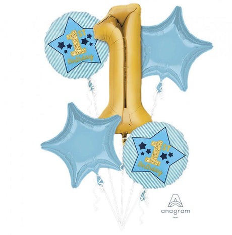 Pack of 5 blue and gold foil balloons for a boy's 1st birthday, including 1 shaped and 4 standard balloons.