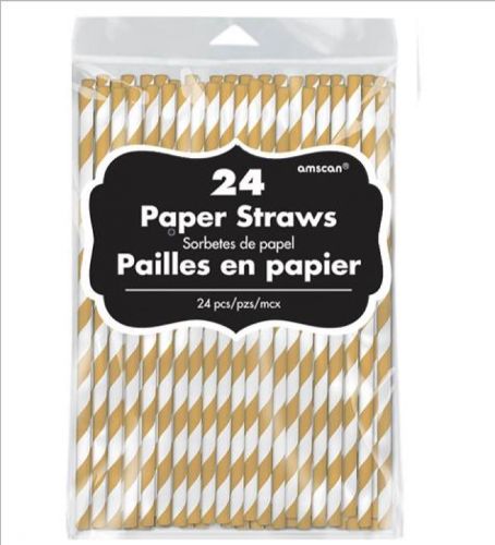 Pack of 24 gold paper straws, 19cm long, perfect for elegant drinks at parties and eco-friendly celebrations.