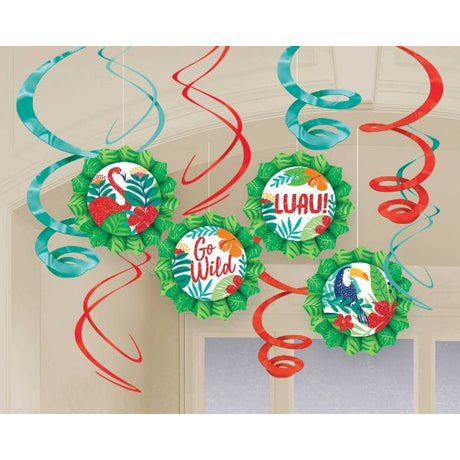 Tropical Jungle decorating kit with glittered fans and swirls, perfect for vibrant party settings and photo backdrops.