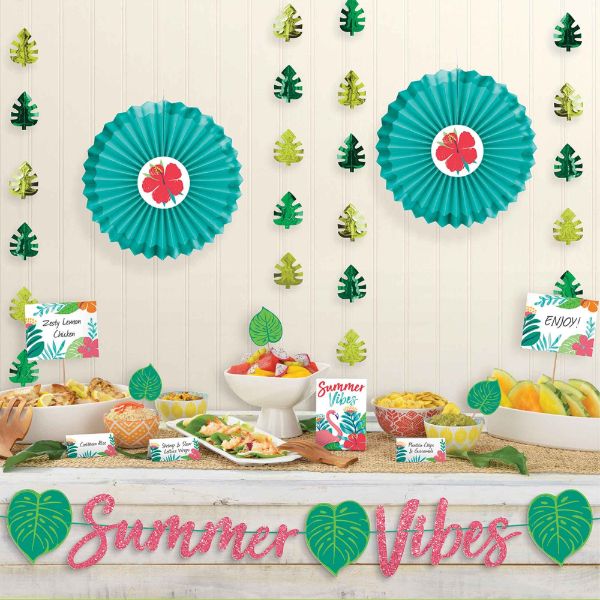 Tropical Jungle Summer Deluxe Buffet Decorating Kit with vibrant tent cards, picks, and hanging decorations for summer parties.
