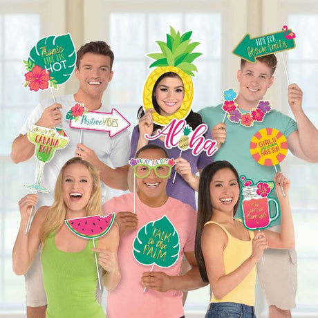 Aloha Luau Jumbo Photo Prop Kit featuring assorted tropical designs for vibrant party photos. Pack of 12 props.