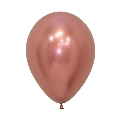 Pack of 12 metallic reflex rose gold latex balloons, 30cm, perfect for celebrations and decorative occasions.