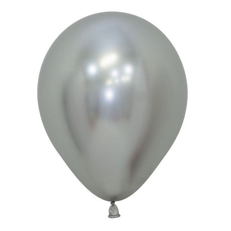Pack of 50 Sempertex 12cm metallic reflex silver latex balloons, ideal for elegant party decorations and creative arrangements.