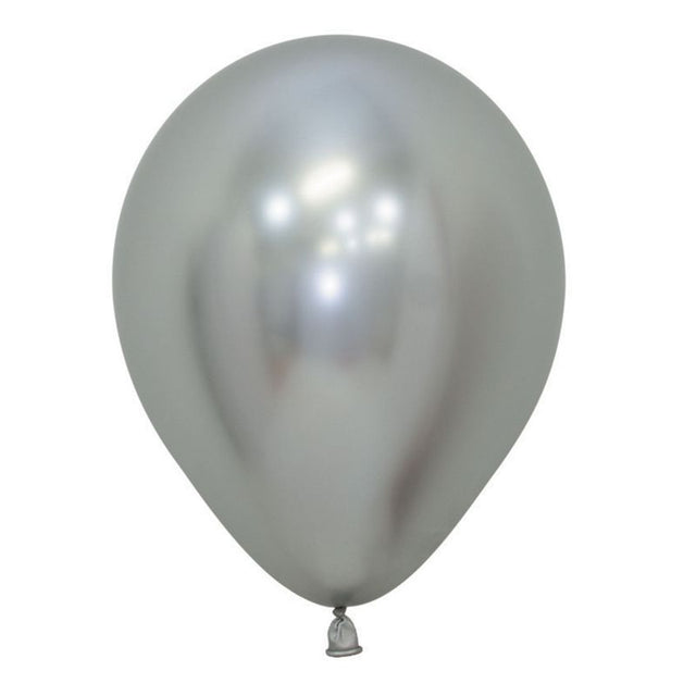 Pack of 50 Sempertex 12cm metallic reflex silver latex balloons, ideal for elegant party decorations and creative arrangements.