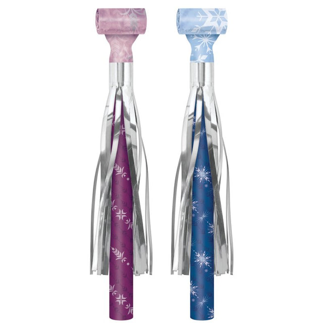 Colorful Frozen 2 blowouts featuring Anna, Elsa, and Olaf, perfect for Disney-themed parties and celebrations. Pack of 8.