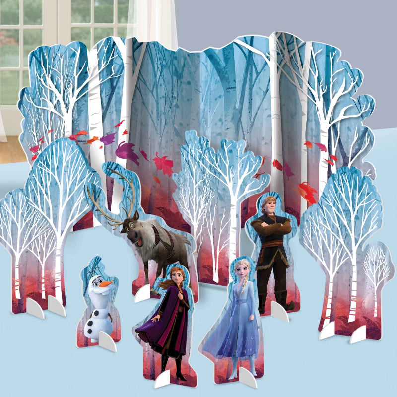Frozen 2 Table Decorating Kit with colorful cardboard centerpieces featuring characters from Frozen 2 for festive celebrations.